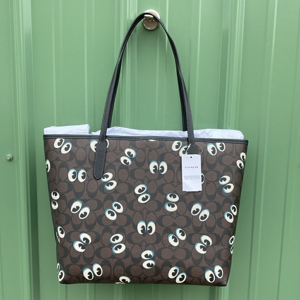 COACH City Tote In Signature Canvas Halloween Ghost Eyes Leather Tote Bag Purse - Picture 2 of 5